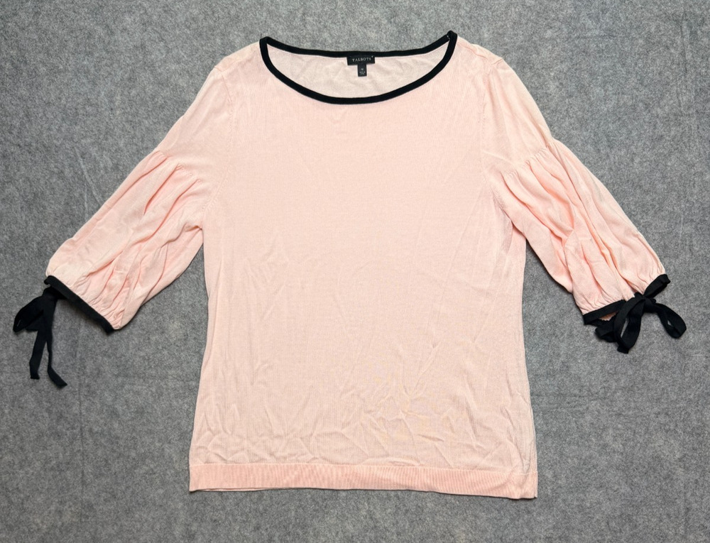 Talbots Womens M Pink Sweater Black Trim Puff Tie Sleeve Knit Top Boat Neck Pull